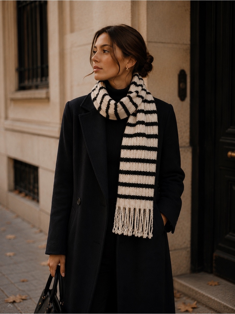 Club Monaco Lambswool Modal Scarf Cream Black Stripe Fringe Cozy Winter Minimal